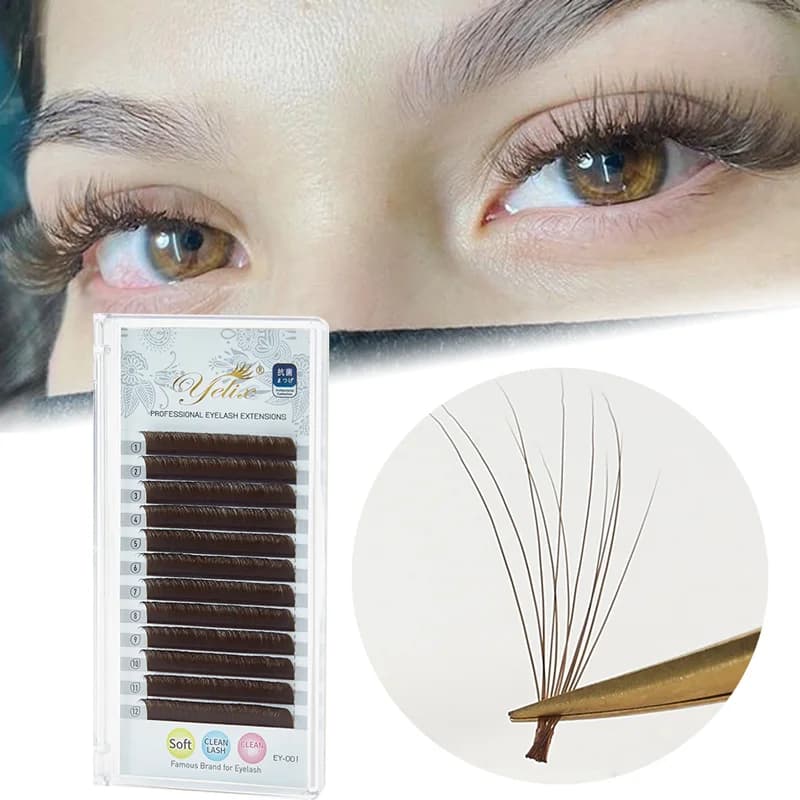 Temno rjave eyelash extensions z enostavnim pahljačastim videzom C/D kodr 8-15 mm